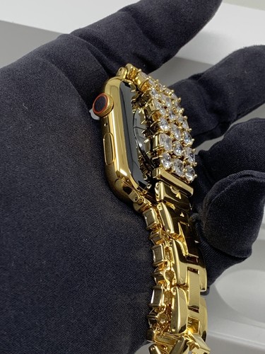 24K Gold Plated 44MM Apple Watch SERIES 5 Gold Link Band Diamond Rhinestones LTE - Picture 11 of 12
