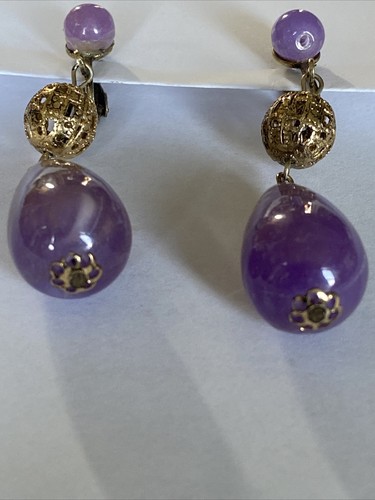 VTG Hong Kong Gold Tone Purple Dangle Clip On Earrings Marbleized Lucite 2.15” - Picture 5 of 6