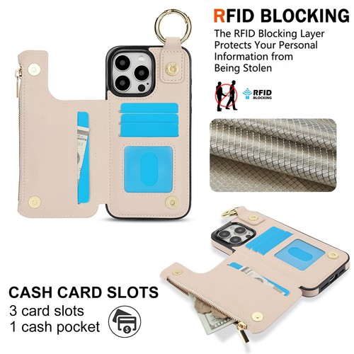 Para iPhone 16 Pro Max 15 14 13 12 11 RFID Bloqueo Anillo Soporte Cremallera Cartera Estuche - Imagen 43 de 59
