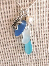 COASTAL BLUES Sea glass jewelry handmade cluster w STARFISH PEARL Necklace
