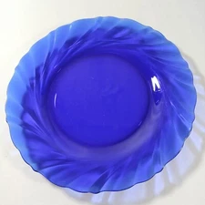 4X Duralex Salad Plates 7.5" Cobalt Blue Swirl Glass France Vintage