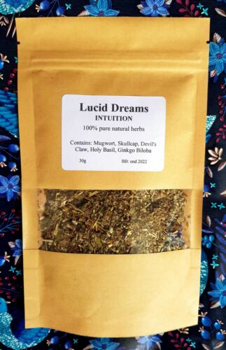 30g Lucido Sogno INTUIZIONE Erbe Cappuccio Teschio Artiglio Diavoli Mugwort Tulsi Fumo Tè - Foto 1 di 4