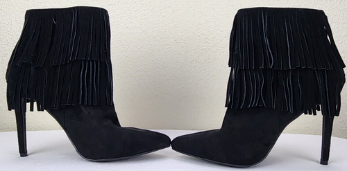 Just Fab Ameelia Black Suede High Heel Fringe Leather Boots Size 6.5 - Picture 7 of 23