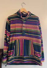 Kavu W's Claremore Pullover Fleece Sweatshirt Button Mock Neck Striped Green M
