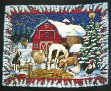 CHRISTMAS BARN WITH ANIMALS SNOW BORDER 100 Cotton Quilt Fabric PANEL