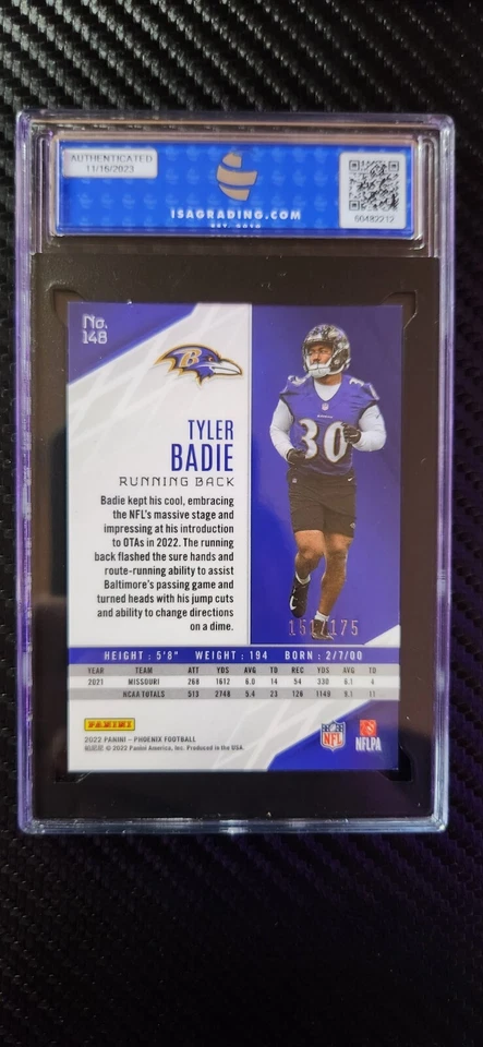 2022 Panini Phoenix Tyler Badie #148 Orange Lava RC 151/175 Ravens ISA Mint 9 - Image 2 of 3