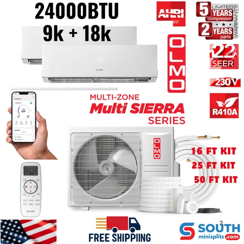 2 Zone OLMO Sierra 2 Ton 24k BTU Mini Split A/C Heater, 9k+18k BTU, 230V
