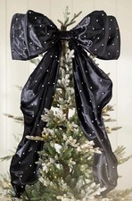 Anthropologie Large Black Satin Bow Tree Topper with Pearls Romantic Ribbon NEW