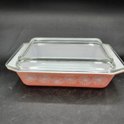 VTG PINK PYREX DAISY SPACE SAVER 575-B 2 QUART CASSEROLE REFRIGERATOR DISH & LID