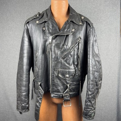 Vintage Leather Motorcycle Jacket Mens 46 Black 70s Biker Cafe Racer Coat