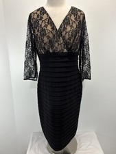 Adrianna Papell Lace Bodice Banded Sheath Dress 16 Black Lace Sleeves Cocktail 