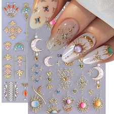 Sun Moon Nail Stickers for Nail Art, 5D Embossed Bohemian Style Nail Decals