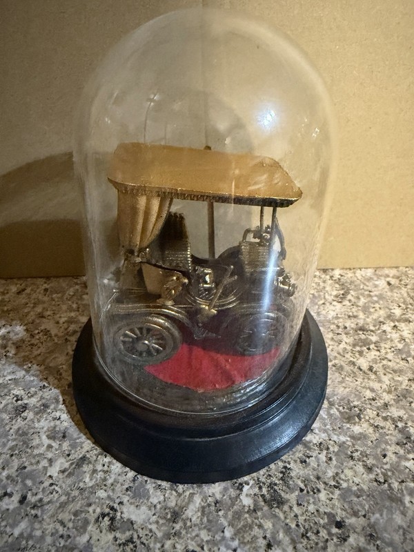 Vintage Gold Tone Peugeot 1892 Antique Car in Glass Dome Display Case Stunning!