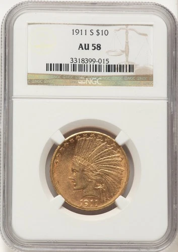 1911 S $10 INDIAN GOLD EAGLE NGC AU 58 * RARE SAN FRANCISCO! 51K POP  154/128