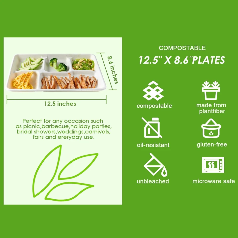 100% Compostable 5 Compartment Paper Plates, 100 Pack, 12.5 X 8.6 Inch Disposabl - Image 3 of 4