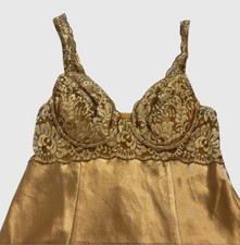 Vintage 90s Victoria s Secret Gold Satin Slip Dress Lace Lightly Padded Y2K Mini