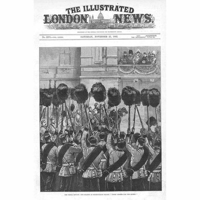 LONDON Guard at Buckingham Palace; Three Cheers For The Queen - Antique Print 1882