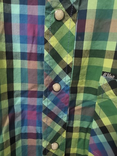 Y2K G-Unit Shirt Green Purple Plaid Heavyweight Button-Up Shirt Pearl Snaps - Picture 3 of 5