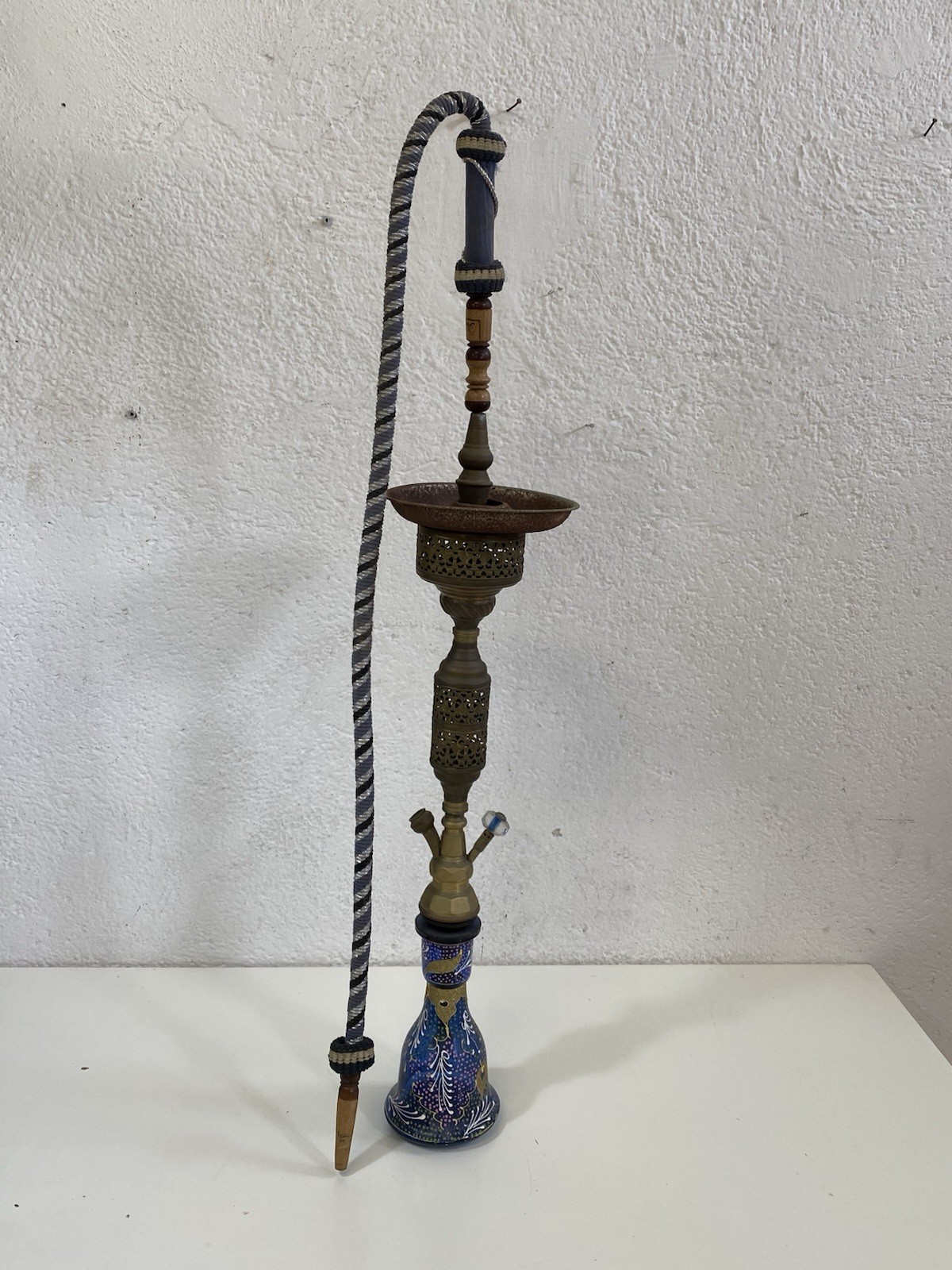Narghilè Egiziano Vintage 77cm Shisha Hookah Ottone Vetro Blu Dipinto a Mano