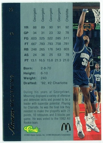 1993 Classic Four-Sport McDonald's #27 Alonzo Mourning - Georgetown Hoyas - Picture 2 of 2