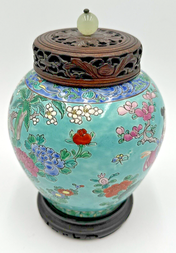 Antique Japanese Nippon Aqua Ginger Jar w/Lid & Base Floral Scenes Geisha Ladies - Picture 4 of 24
