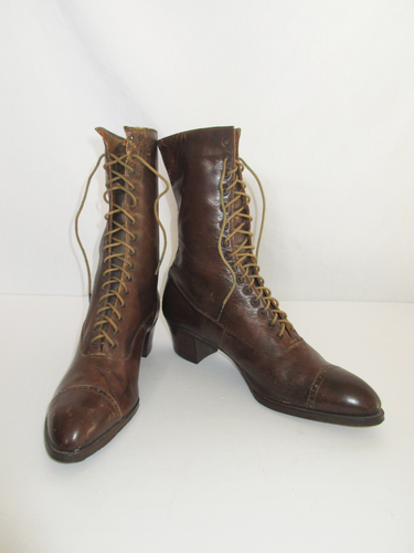 Antique 1910 Edwardian Era Brown Leather High Top Lace-Up Boots Shoes - Picture 2 of 10