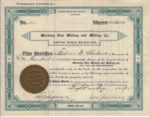 NEVADA 1902 Morning Star Mining & Milling Co certificat de stock #23 - Photo 1/2