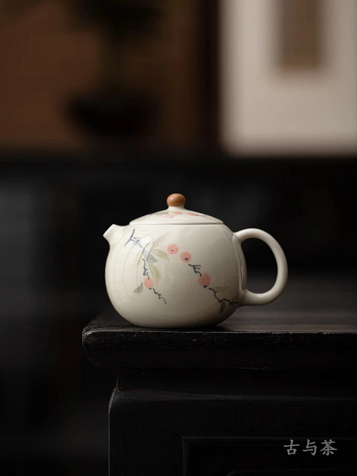 Tetera individual madera gris porcelana color caqui pintada a mano Foto 3 de 3