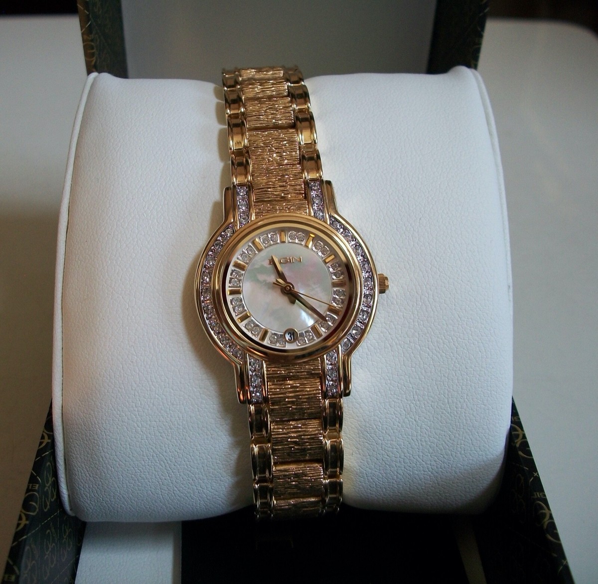 Women Gold Finish Nugget Look Crystal Fashion ELGIN Link Date