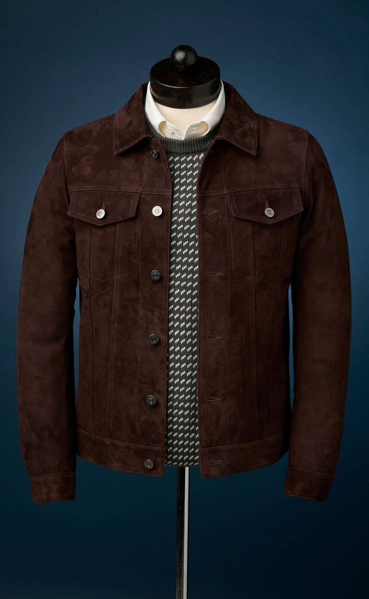 Men brown suede trucker jacket, Brown trucker suede jacket Shirt