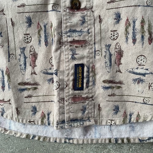 Vintage Woolrich Forelle Fliegenfischen All Over Print Button Down Hemd Baumwolle MD Kragen