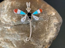 Turquoise Mother of Pearl Zuni Sterling Silver Dragonfly Inlay Pin Pendant 12326