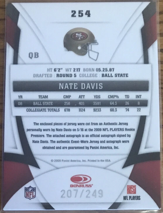 2009 Certified Rookie Jersey Autograph Nate Davis #254 #’d 207/249 - Image 2 of 2