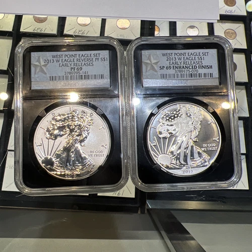 2013 W REVERSE PROOF SILVER EAGLE NGC PF69 & ENHANCED SP69 2 COIN WEST POINT SET