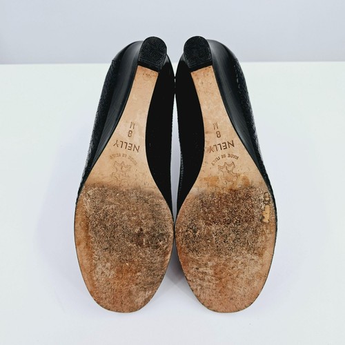 Tacones de cuña Brighton Nelly 8 M cuero negro estampado de serpiente punta abierta pitón sin cordones - Imagen 11 de 13