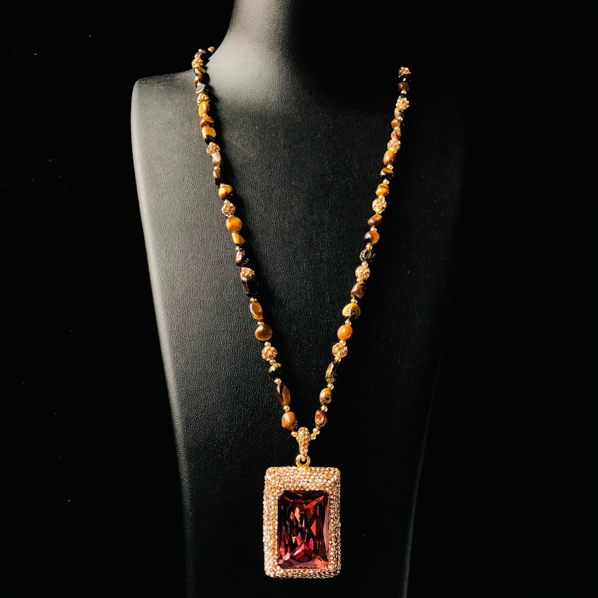 Retro Vintage Tiger Eye Stone Pendant Necklace Long Chain Women