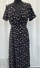 Shein Black Floral Wrap Dress S UK 10 Short Sleeve