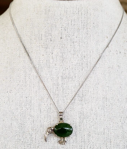 Vtg 925 Sterling Jade Kiwi Pendant NS Nakagawa Silver Tone Chain Necklace 18" - Picture 2 of 7