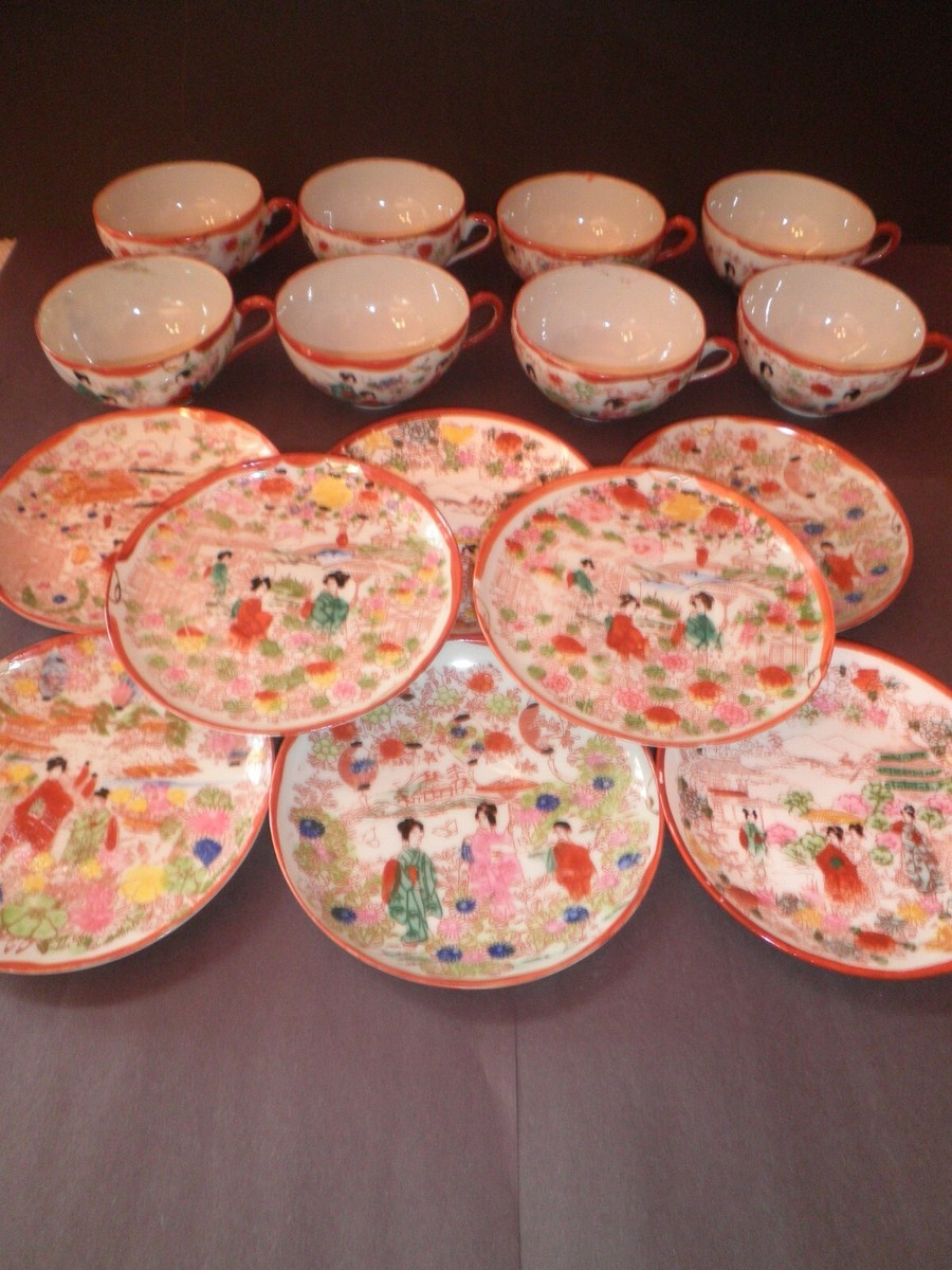 Vintage Japan 8 Tea Cups & 8 Saucers Geisha Asian Girls Eggshell