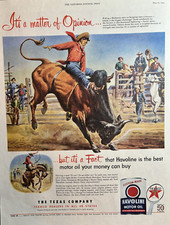 1952 Texaco Havoline Motor Oil Rodeo Brahman Steer Bronco Vintage Print Ad