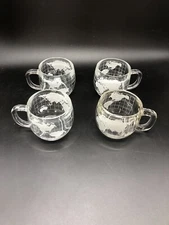 VINTAGE SET OF 4 NESCAFE COFFEE HEAVY GLASS WORLD GLOBE FROSTED & CLEAR MUGS