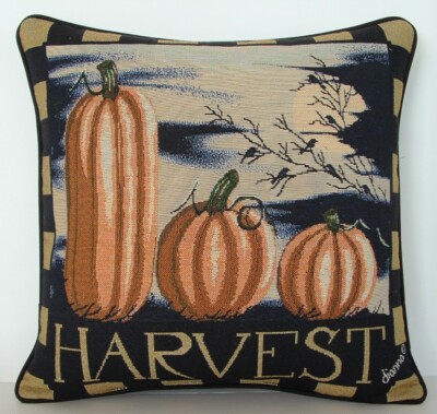 Harvest/ Fall - Pumpkins, Full Moon, Words ''HARVEST'', Birds, Tapestry Pillow New