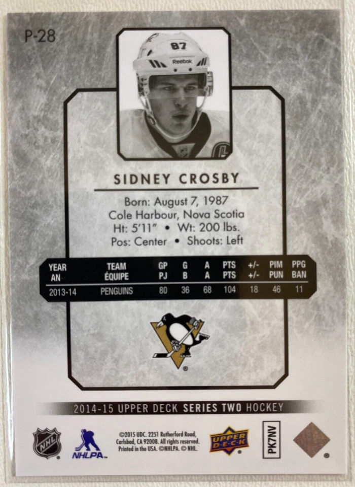 2014-15 Upper Deck UD Portraits Sidney Crosby #P-28 Pittsburgh Penguins - Image 2 of 2