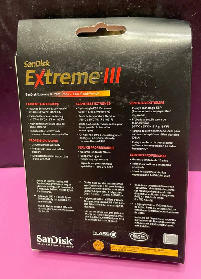 SanDisk Extreme III 2GB SD Card - SDSDX3-002G-A21 - 20MB/s 133X - Class 6 - Image 2 of 3