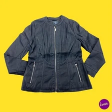 V BY VERY Pintuck Faux Leather Jacket, Zip Up, Round Collar, Black, UK 14