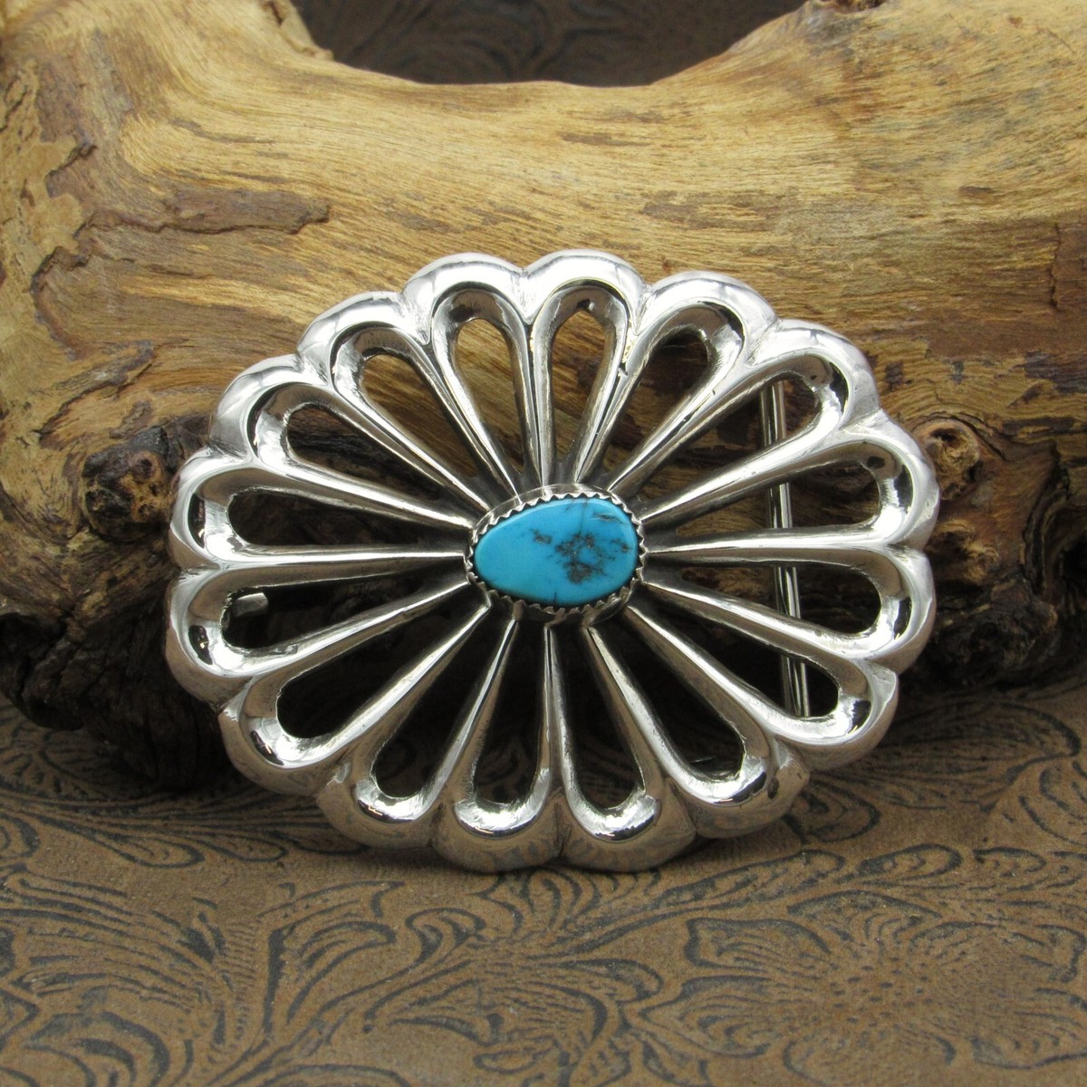 Southwestern Sterling Silver Turquoise Sandcast Belt Buckle+