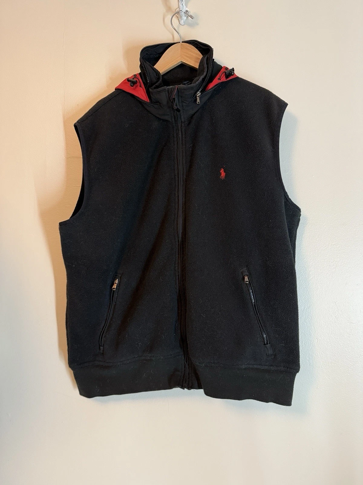 Polo By Ralph Lauren Fleece Vest Zip Hood Size XLT Tall Black Red Vintage Y2K