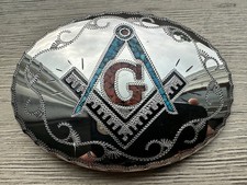 Artist Signed Masonic Silver Plate Coral Chip Belt Buckle 4  x3  Southwest Art