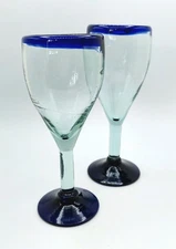Vtg. Mexican Hand Blown Cobalt Blue Rim Wine Glasses/Goblets 10 fl oz Set of 2