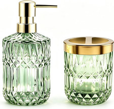 2PCS Green Glass Bathroom Set, Soap Dispenser  Toothbrush Holder, Vintage